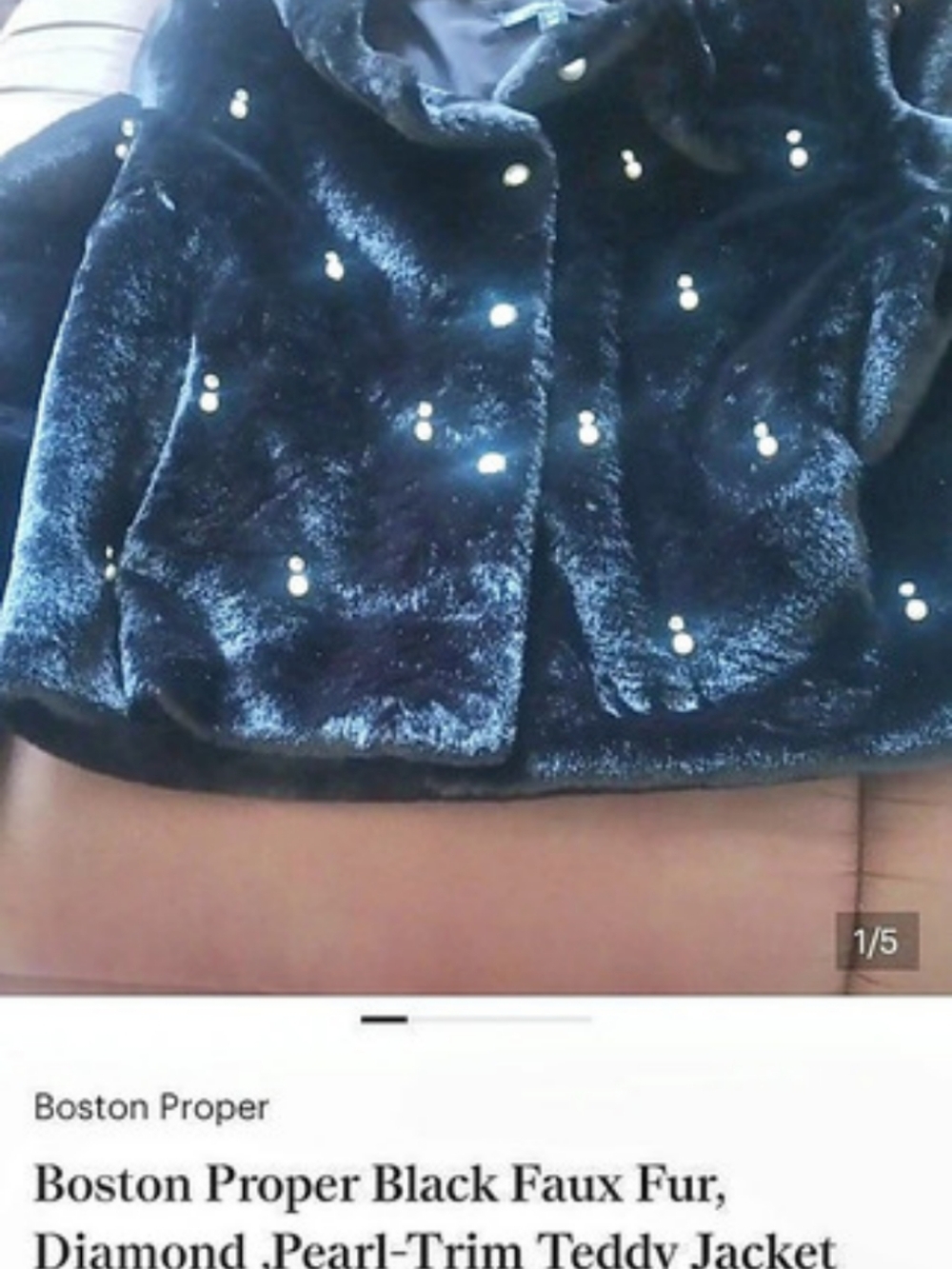 Boston Proper Pearl Embellished Faux Fur Collarless Chubby Jacket Black